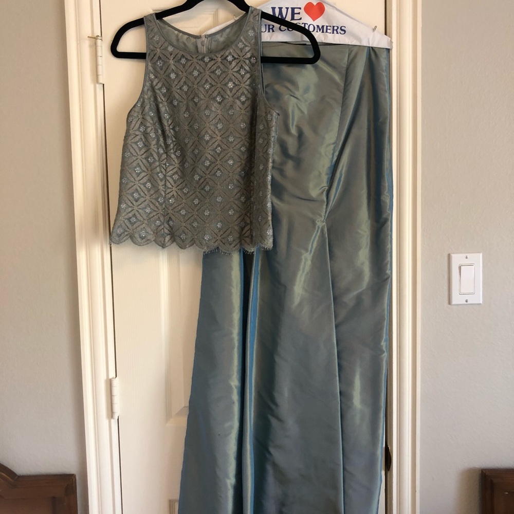 A long two piece teal- grey dress